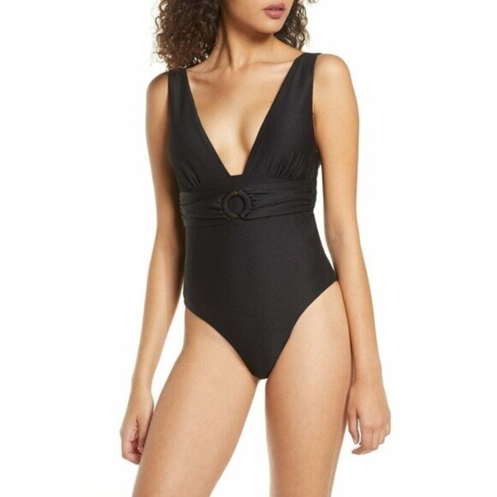 Chelsea28 Belted Textured One-Piece Swimsuit Black SZ S NWT
